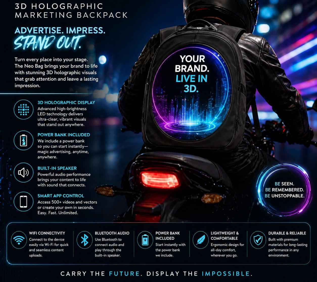 NeoBag – 3D Holographic Marketing Backpack for Impactful Branding